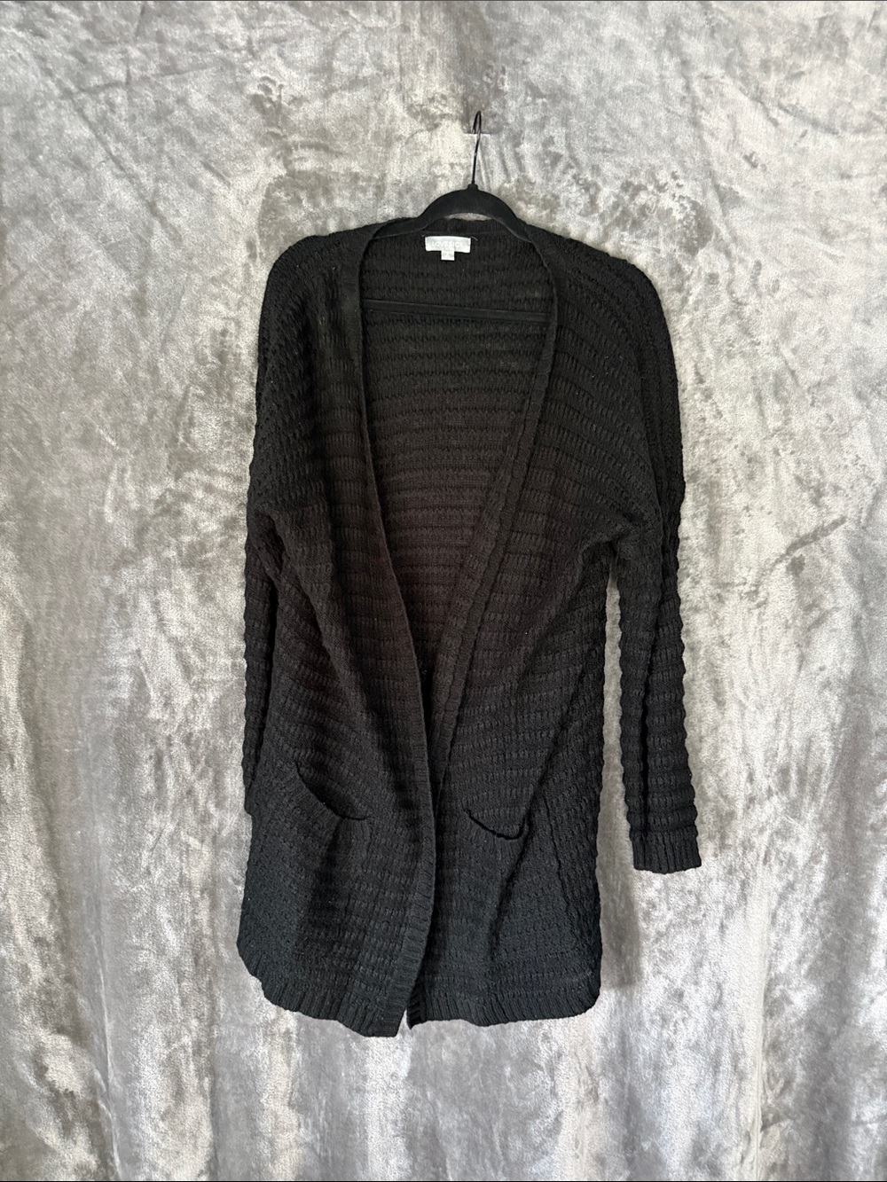 Open-Front Black Textured Knit Cardigan